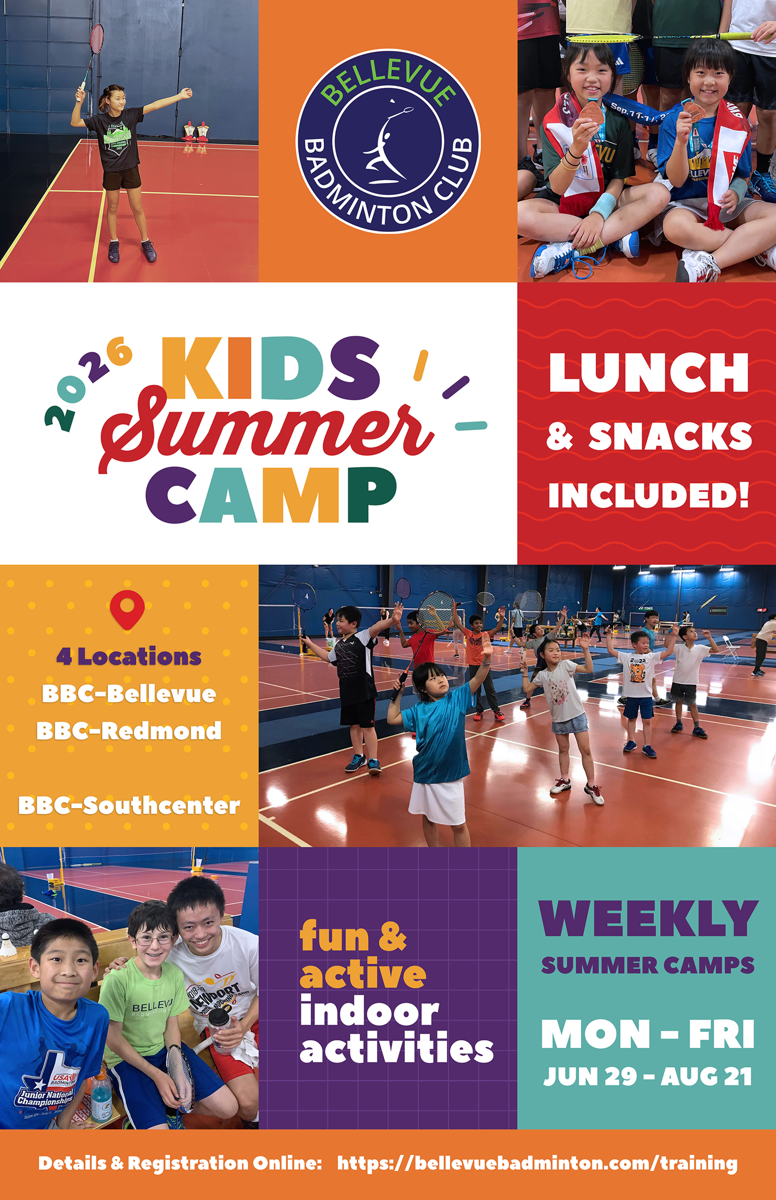 2026 BBC Summer Badminton Camp flyer — ages 7–15, Bellevue, Redmond, and Southcenter locations